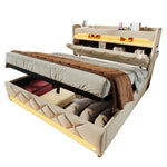 Upholstered Double Bed with Hydraulic Storage, USB Ports and LED Lighting, 140x190cm, Beige Linen