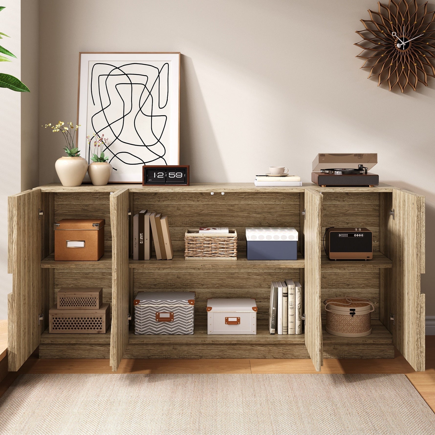 Sideboard with Shelves, Rebounder, Natural Wood