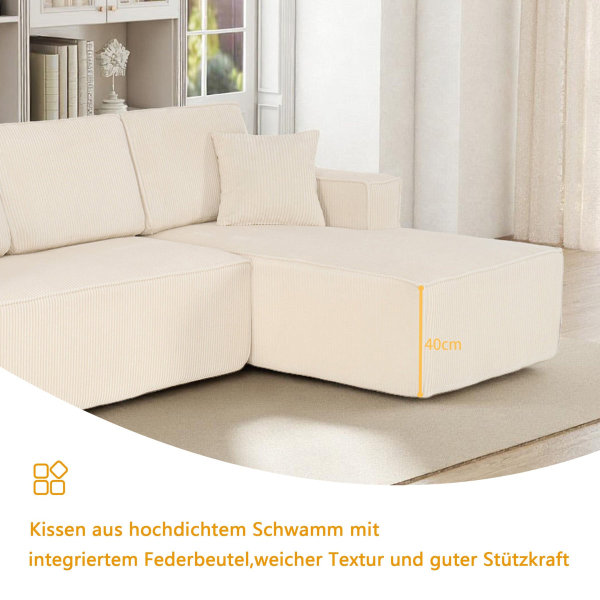 Modular L-shaped Corner Sofa 2-Seater Chaise Longue Corduroy Beige