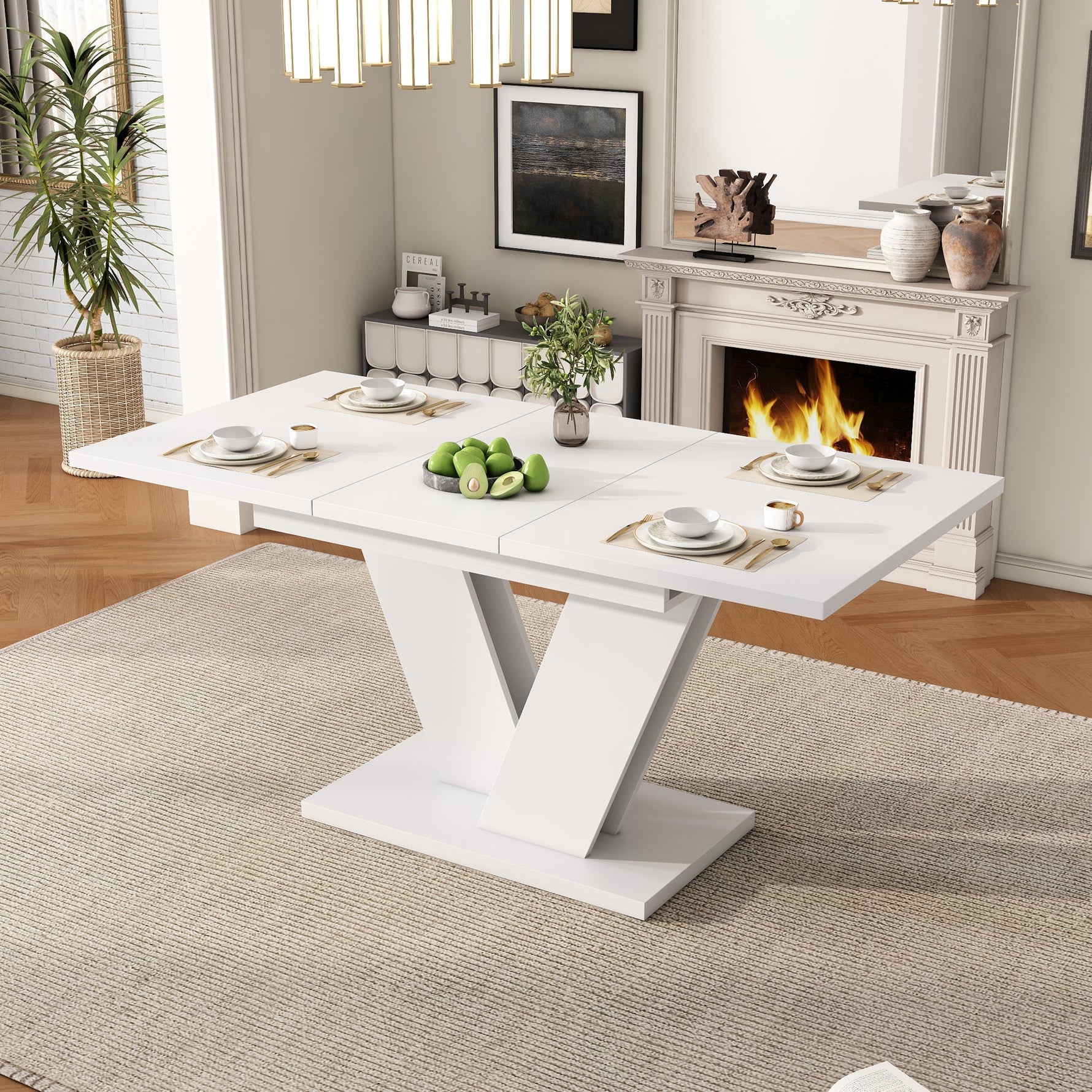 Extendable Dining Table Set with 6 Velvet Chairs and V-Shaped Legs, White and Beige