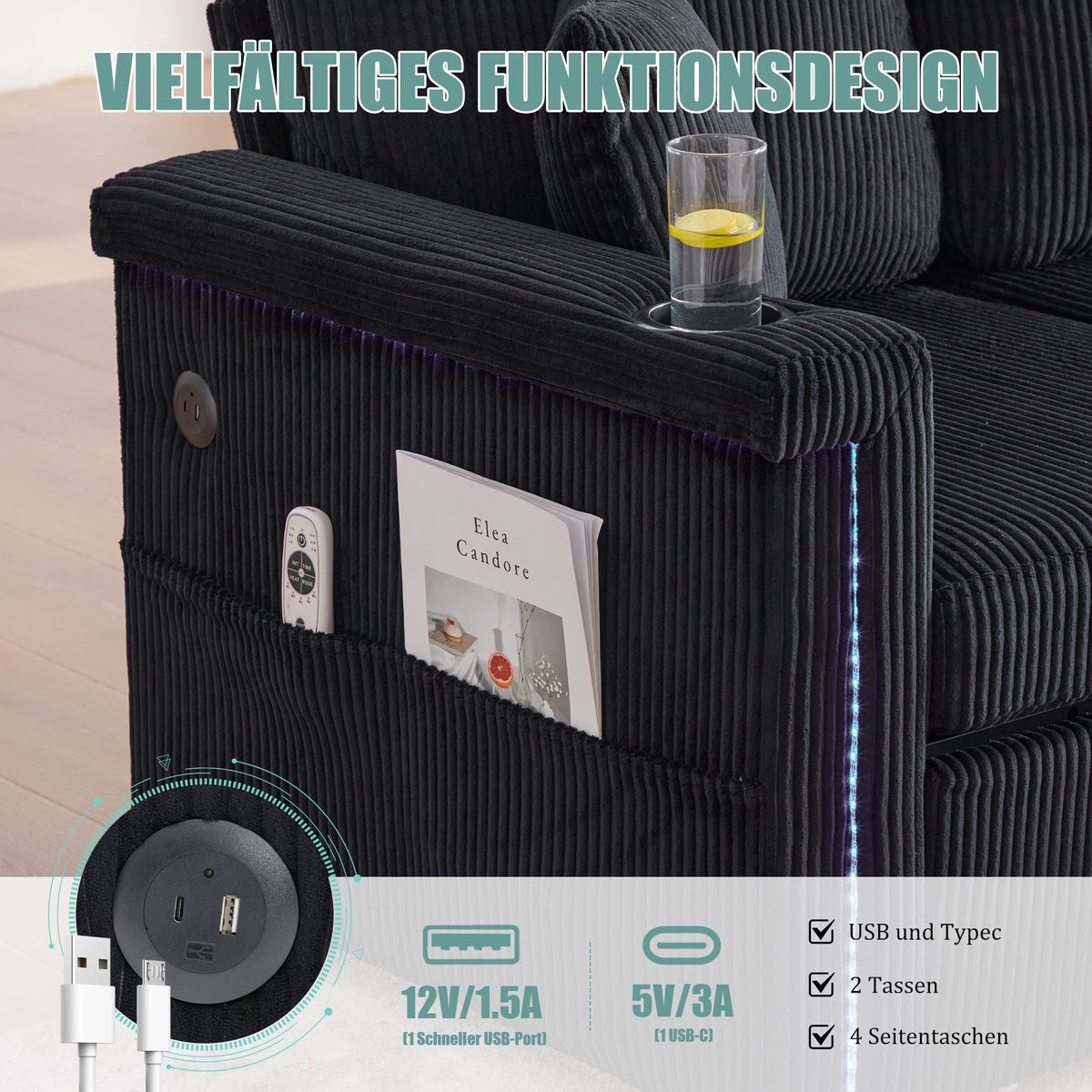 Velvet Sofa with LED & USB-C, Storage Footrest, Cup Holders, Black