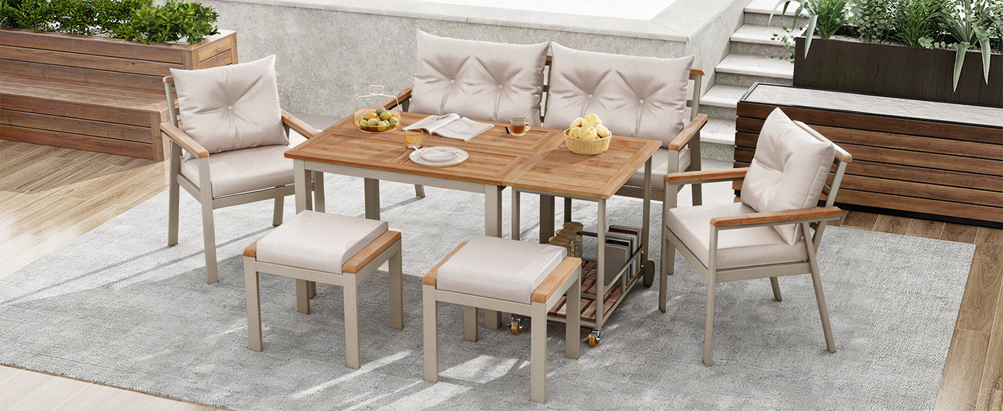 Garden Dining Table and Chair Set, 6-7 Seater with Armchairs and Removable Trolley, Acacia Wood