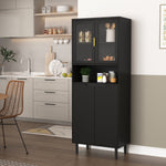 Tall Bookcase 4-Door Storage with Tempered Glass and Adjustable Shelf - Black MDF
