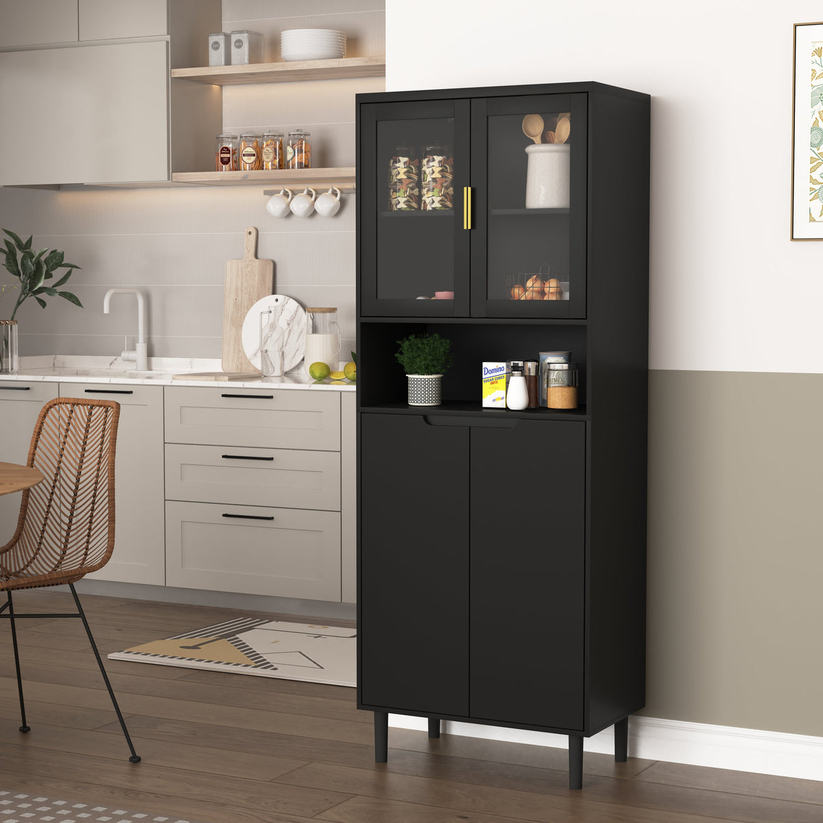 Tall Bookcase 4-Door Storage with Tempered Glass and Adjustable Shelf - Black MDF