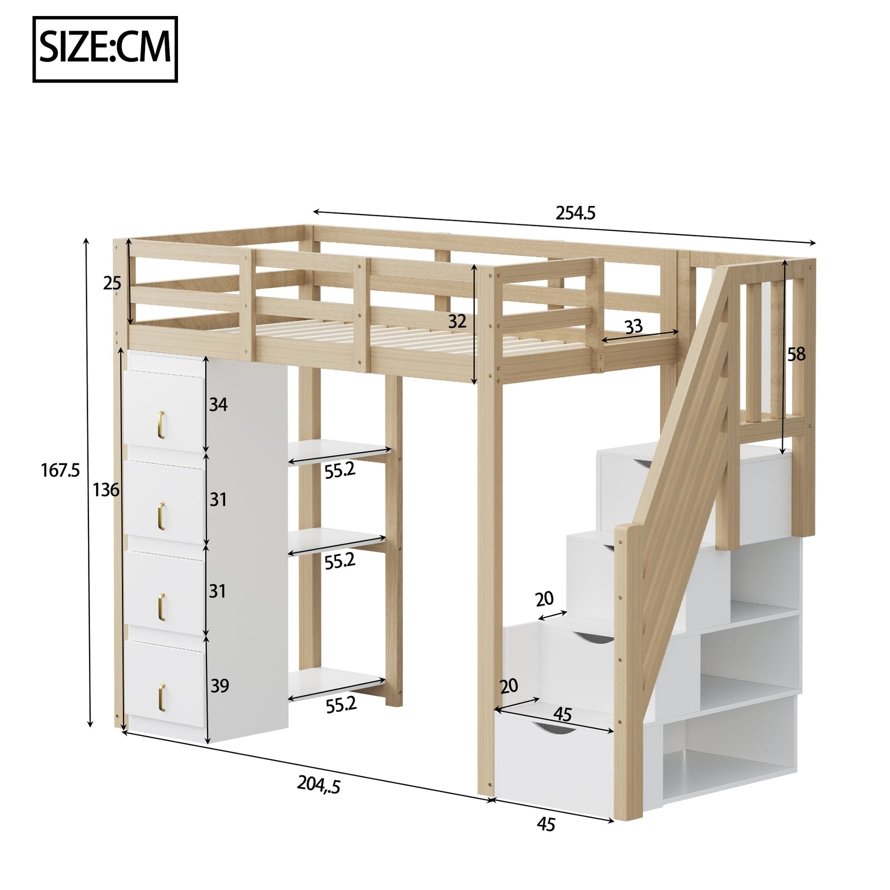 Loft Bed, 90 x 200 cm with Storage & Ladder, Solid Wood