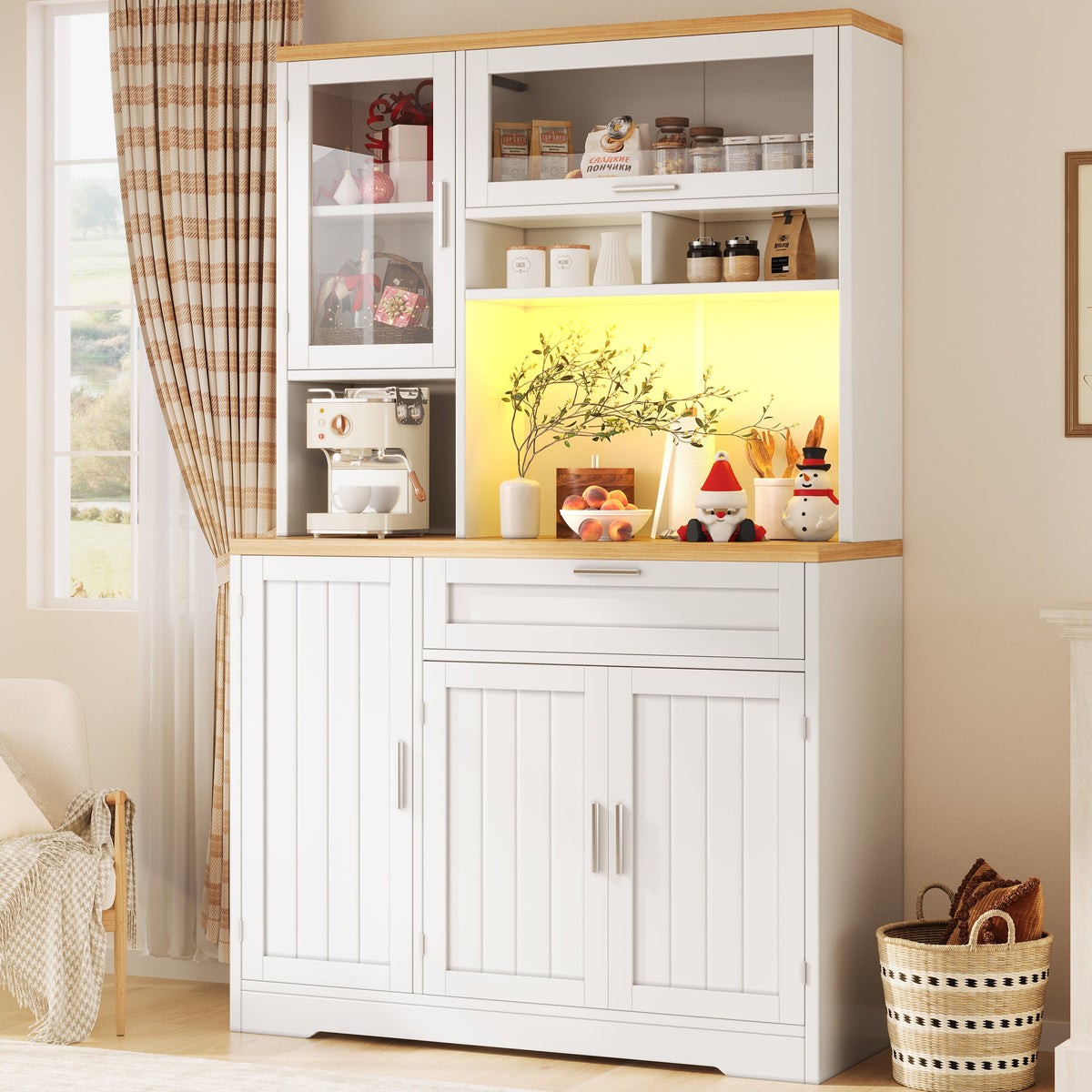 Tall Kitchen Cabinet Display Case with LED Lighting and Glass Doors, White and Black