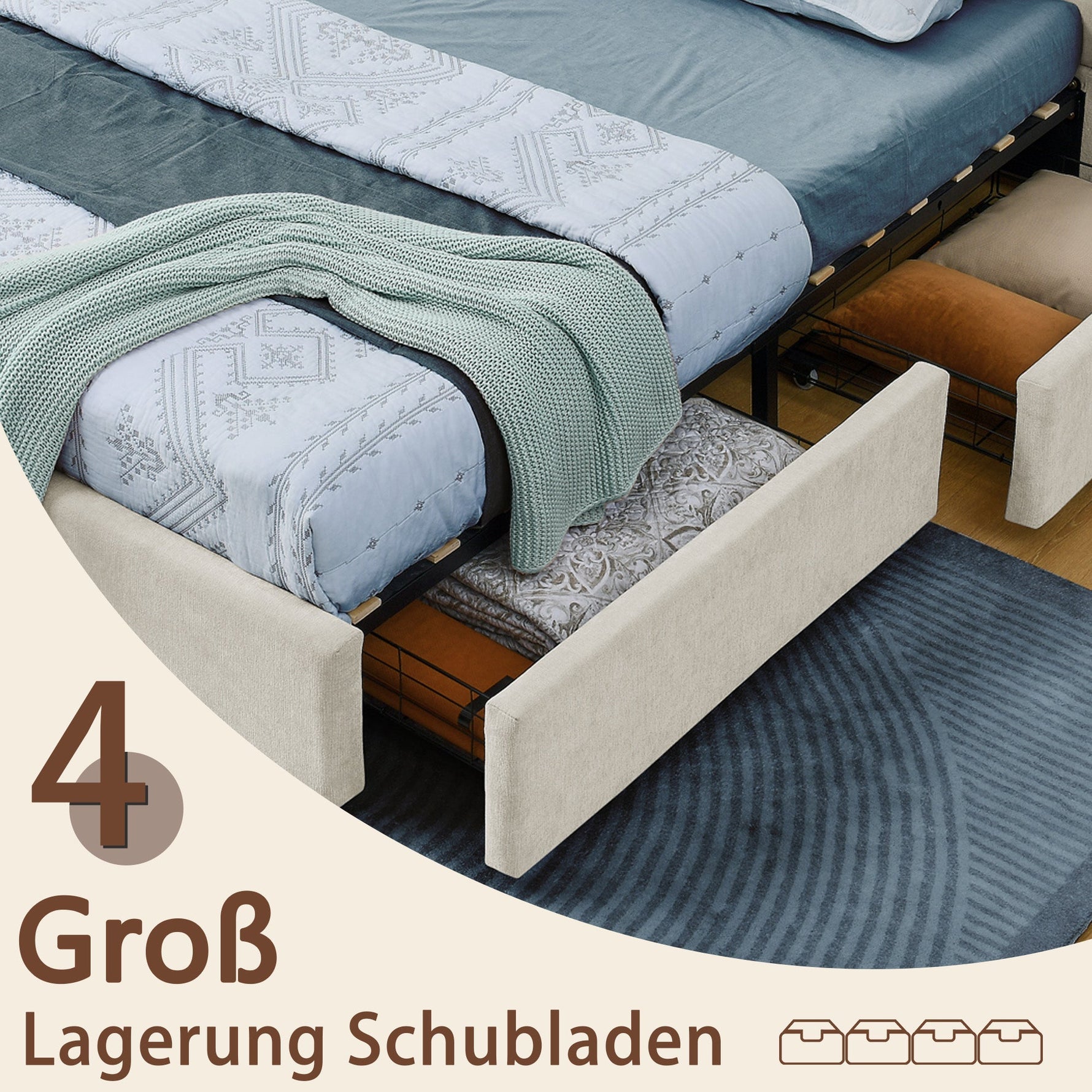 Double Bed 140x200cm 4 Storage Drawers Chenille - Beige
