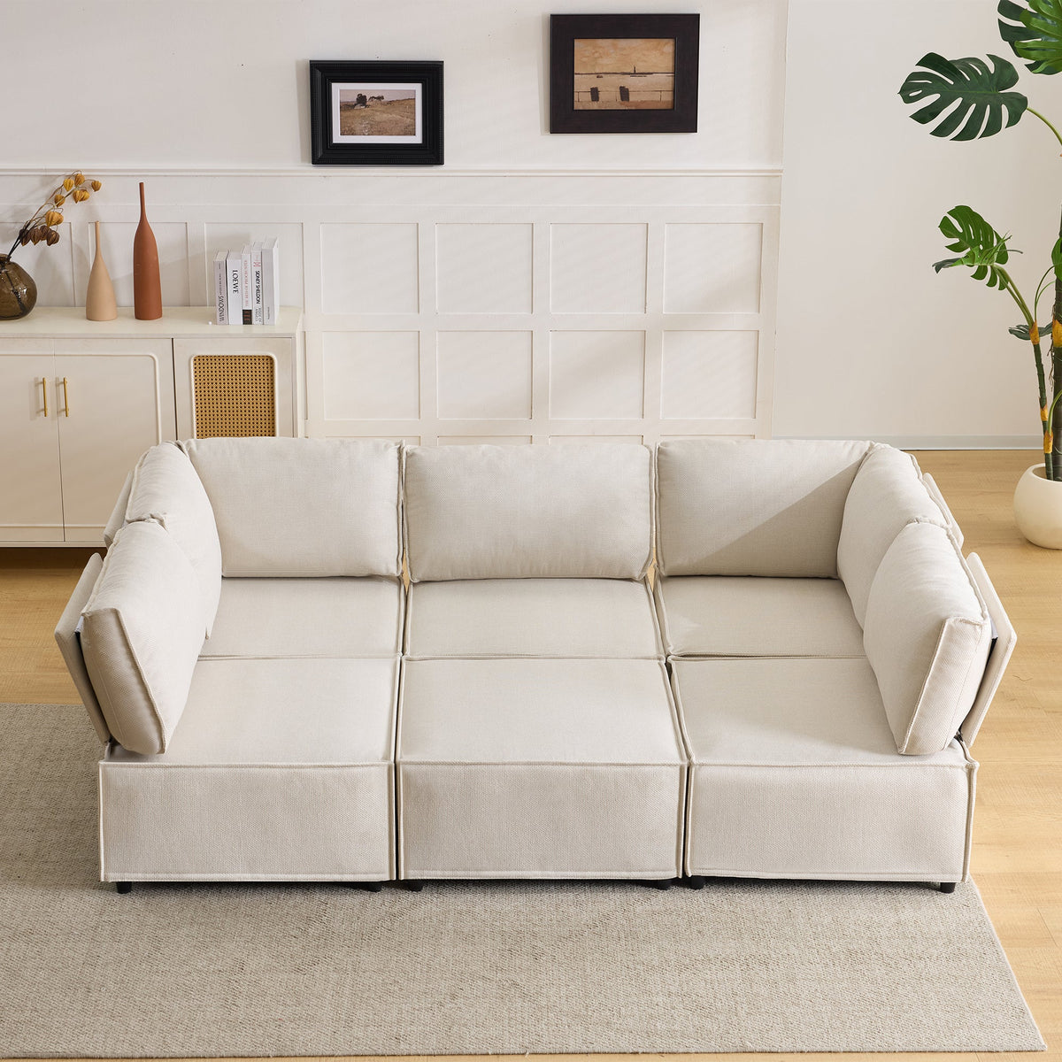 Semi-Compressed Modular Sofa Set, Versatile Flexible Wood Frame, Beige Linen Fabric
