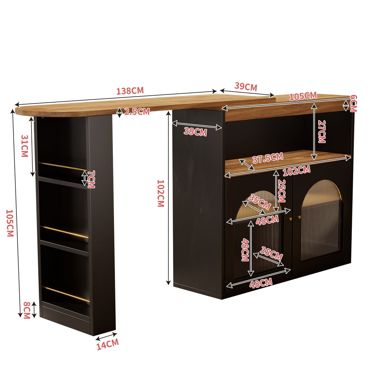 Extendable Bar Table Rotatable Storage LED Light Black