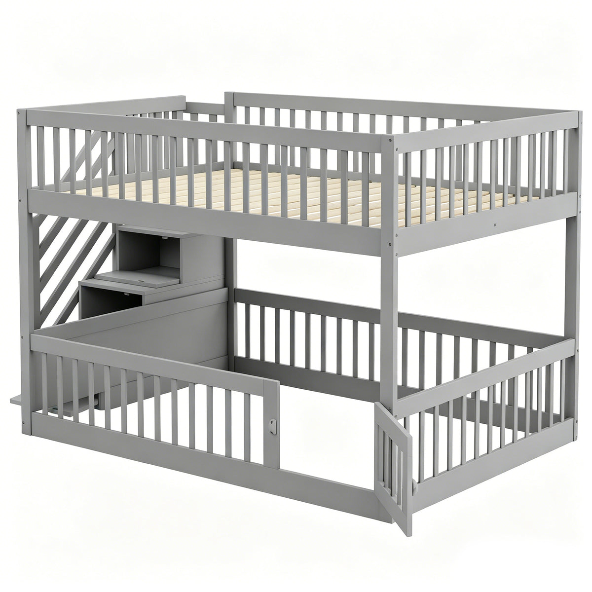 Bunk Bed 140x200 with Safety Stairs & Drawers, Grey Wood
