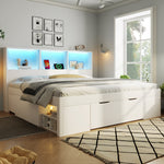 Double Bed 140x190cm with Storage, LED & USB, White Wood