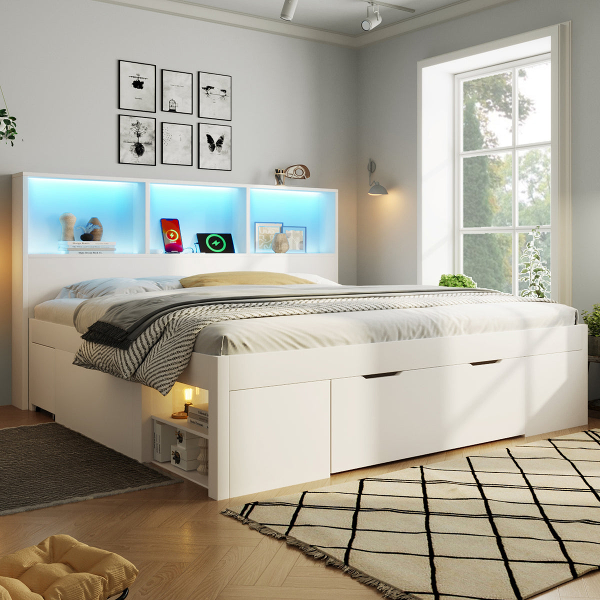 Double Bed 140x190cm with Storage, LED & USB, White Wood