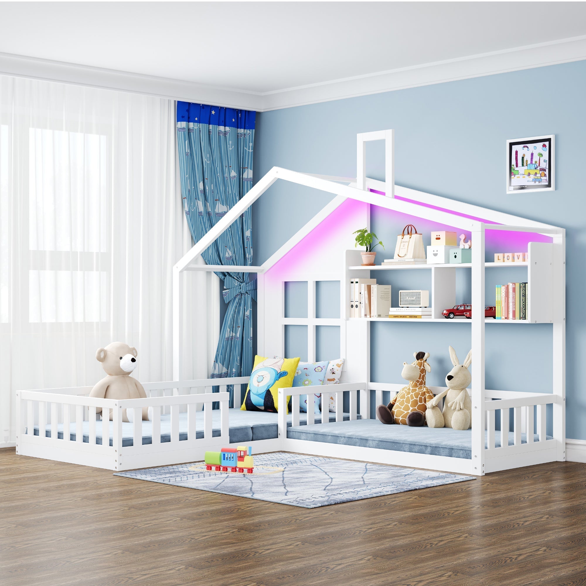 Children's Bed with Window, Shelves and LED Light Strip, 90x200cm, White Solid Wood