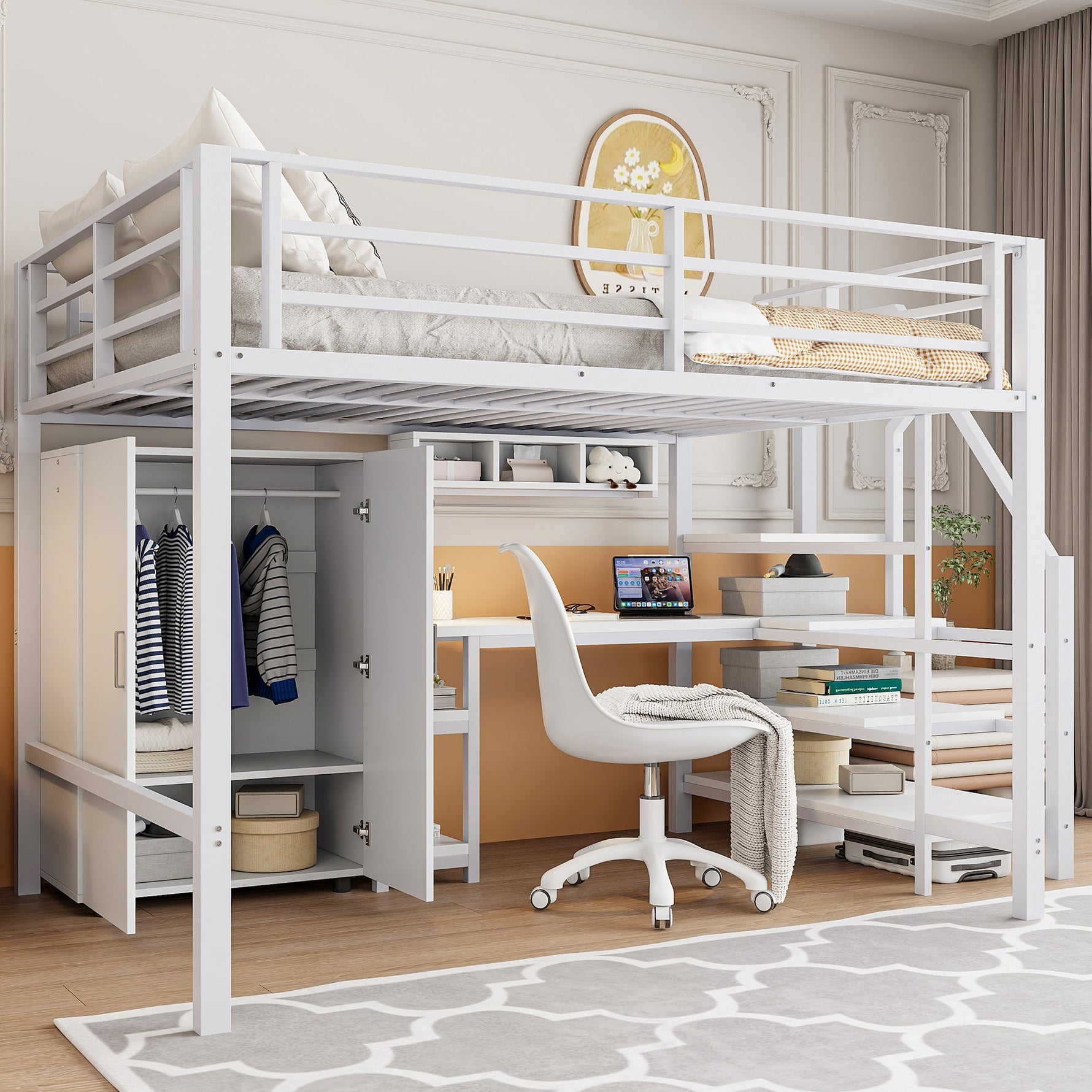Loft Bed 140x200cm Wardrobe Desk Storage Ladder Shelves - White