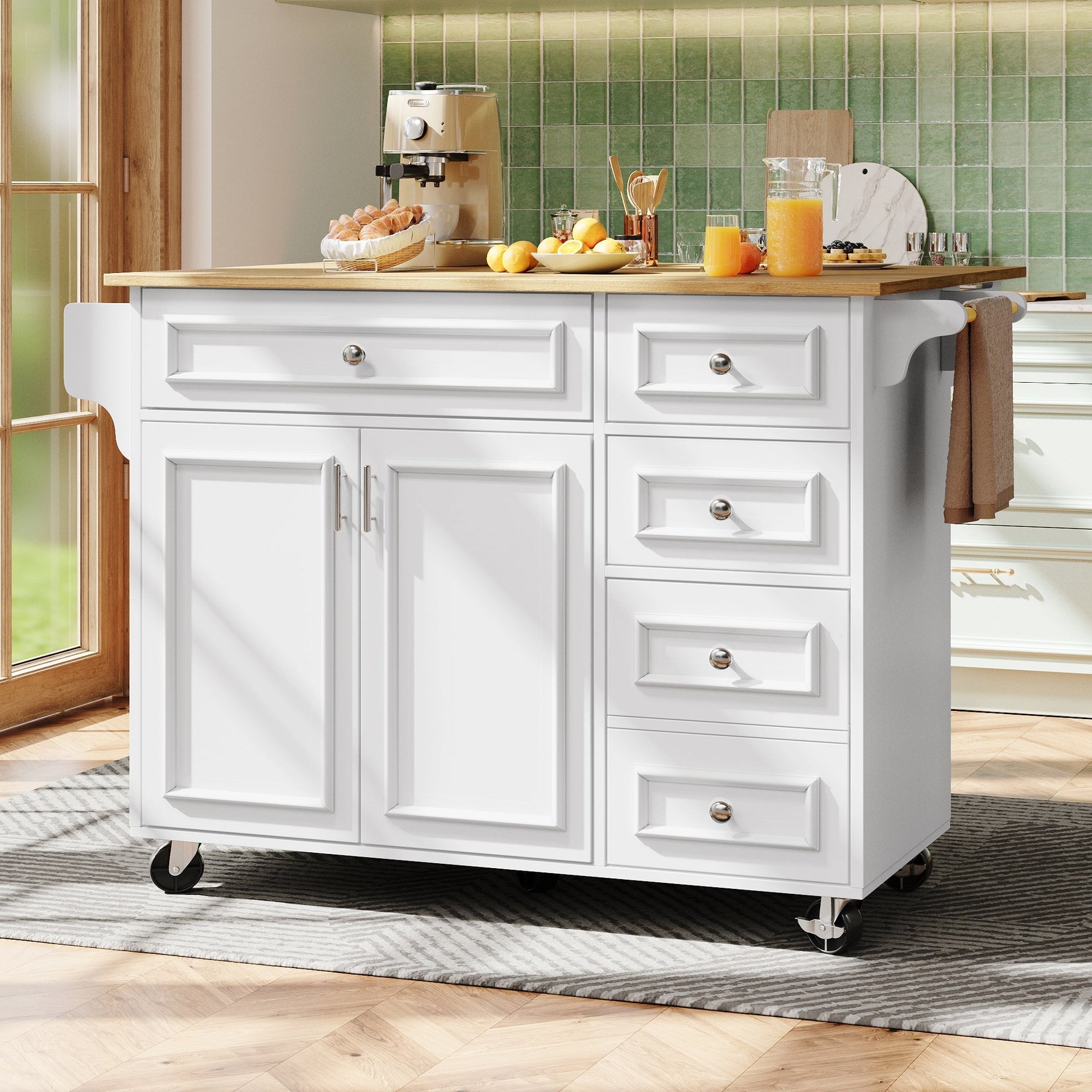 Kitchen Island Multifunctional Dining Table Removable Trolley Storage - White