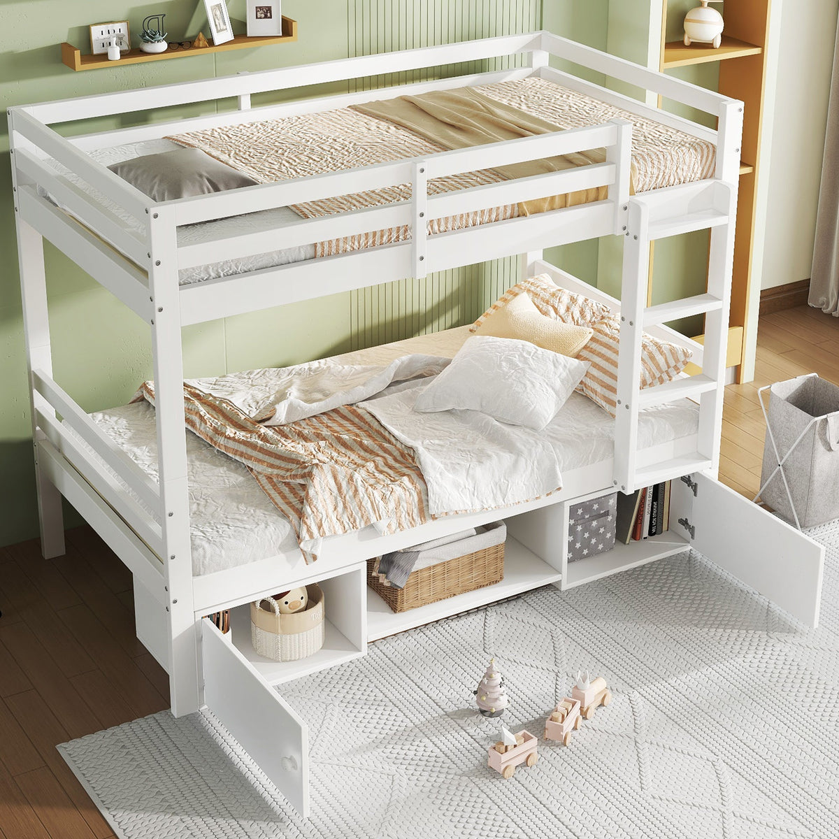 Bunk Bed Children's Shoe Racks Lockers Divisible 2 Single Beds, White 90x200cm