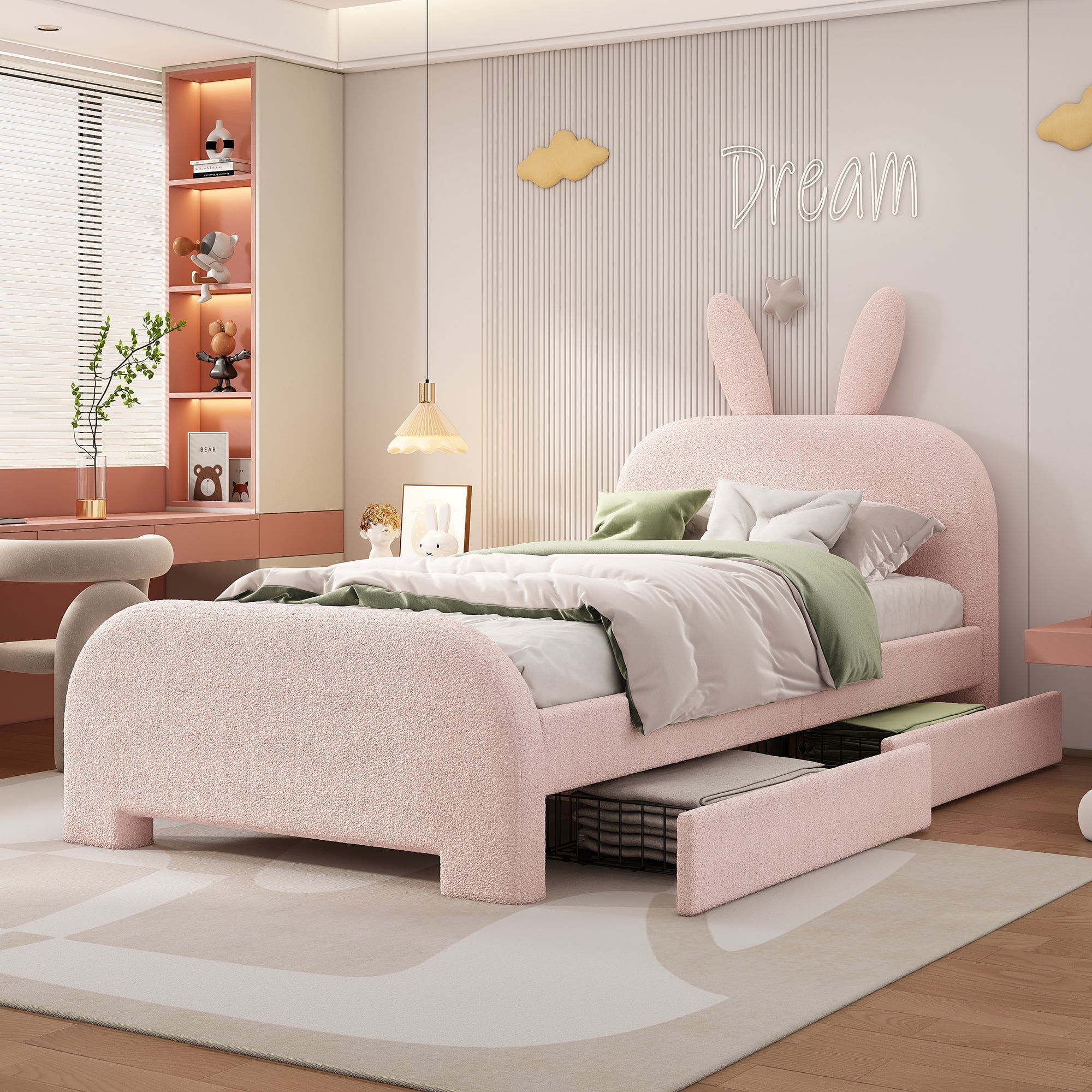 Flat Bed 90x200cm Cartoon Rabbit Shape 2 Drawers - Pink