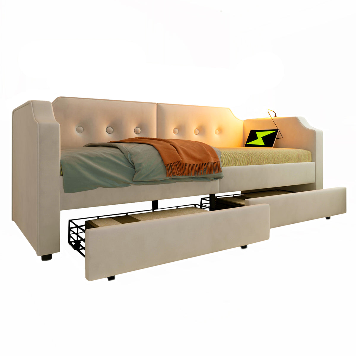 Upholstered Daybed 90x200cm with USB & 2 Drawers, Beige Velvet