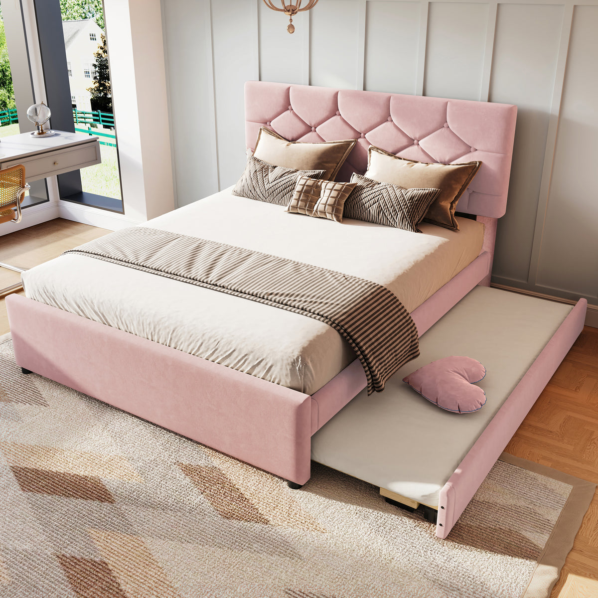 Upholstered Bed 140x200cm with Pull-Out Bed, Pink