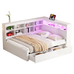 Solid Wood Sofa, 140x200cm Double Bed with Drawers, USB, LED, Shelves, White