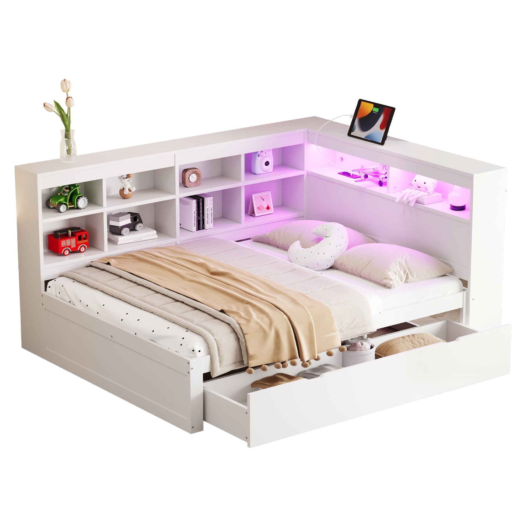 Solid Wood Sofa, 140x200cm Double Bed with Drawers, USB, LED, Shelves, White