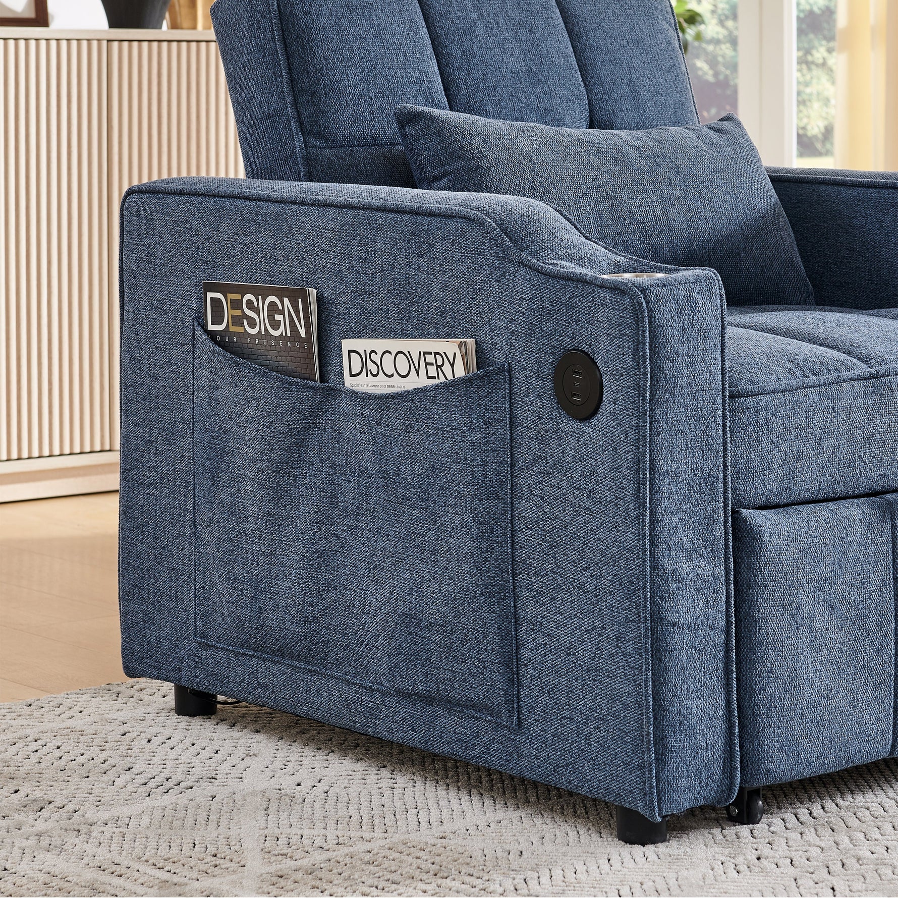 3-in-1 Sofa Bed with Slide-to-Transform Design and USB Charging, Navy Blue