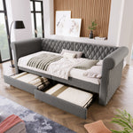 Vintage Upholstered Daybed 90x200cm with 2 Drawers, Grey Linen