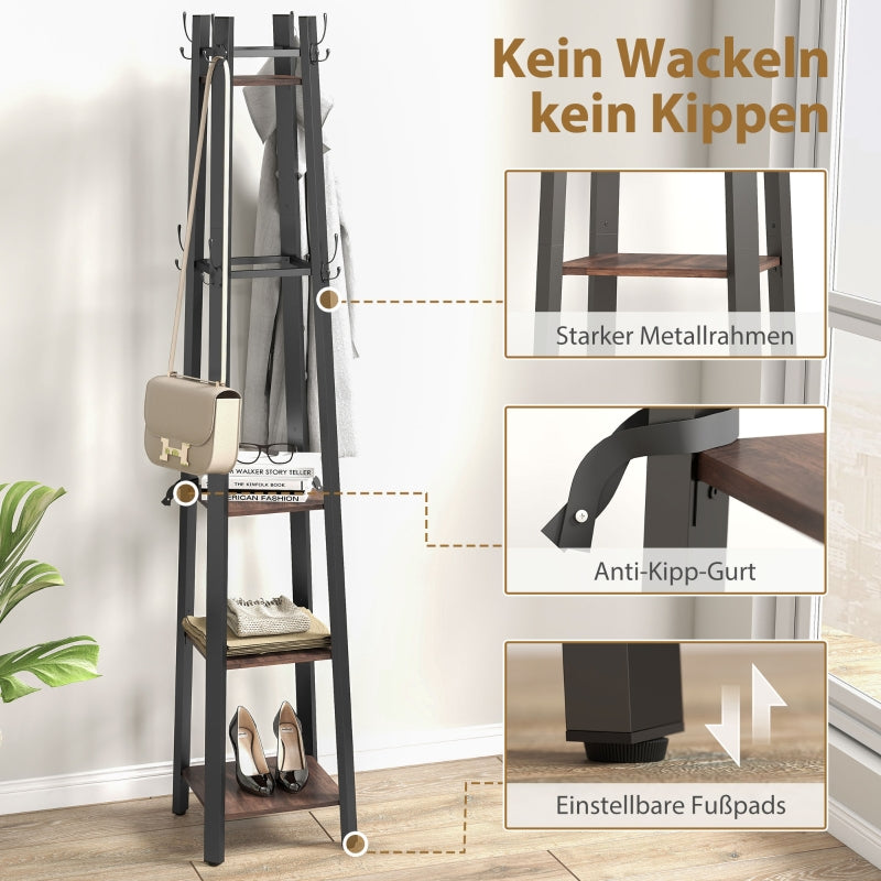 Coat Rack, 4-Tier Freestanding with 8 Hooks and 4 Shelves, Industrial Style, Brown