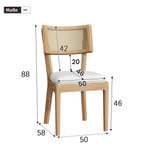 Solid Wood Dining Chairs with Rattan Backrests and Linen Seats, Set of 2, Wood Color