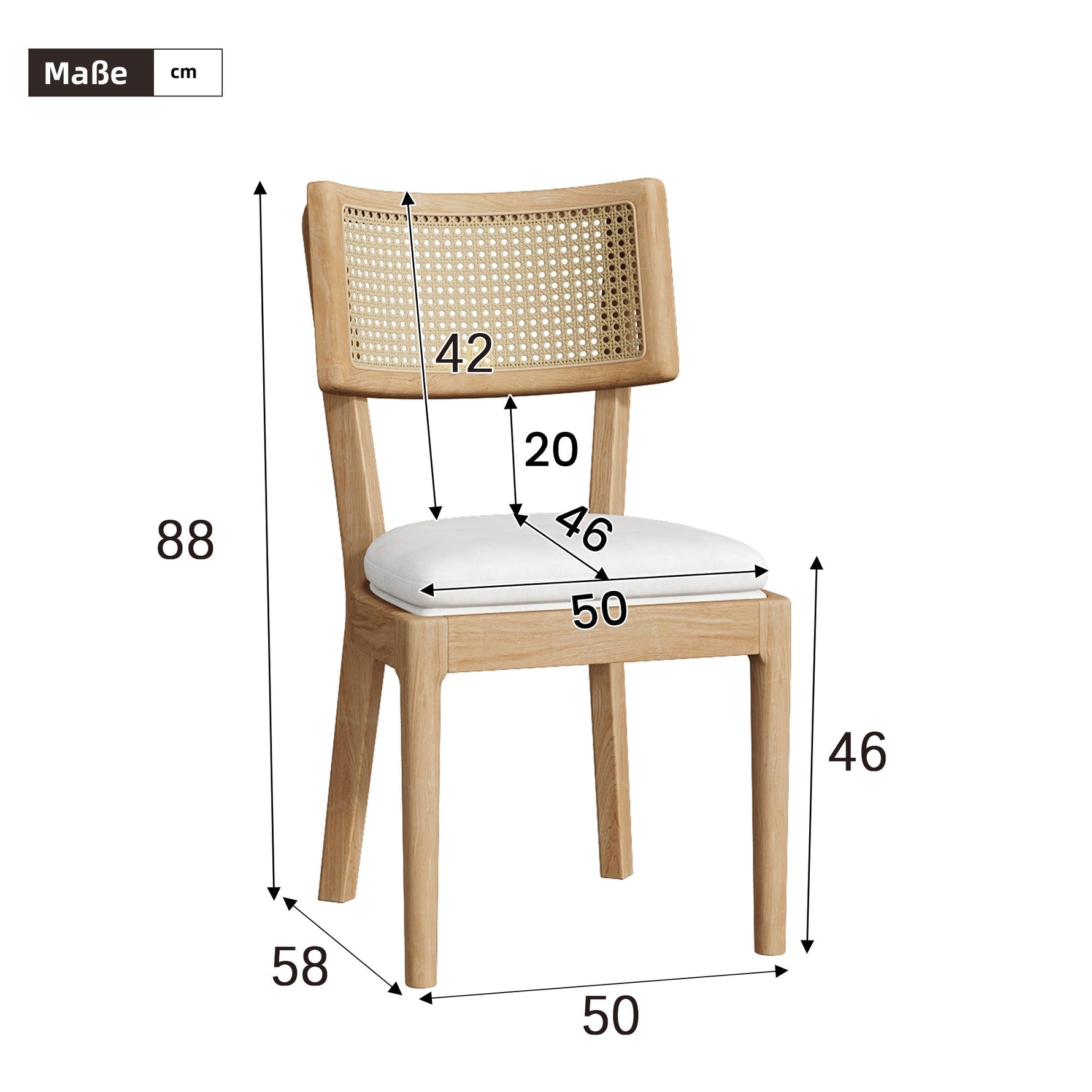 Solid Wood Dining Chairs with Rattan Backrests and Linen Seats, Set of 2, Wood Color