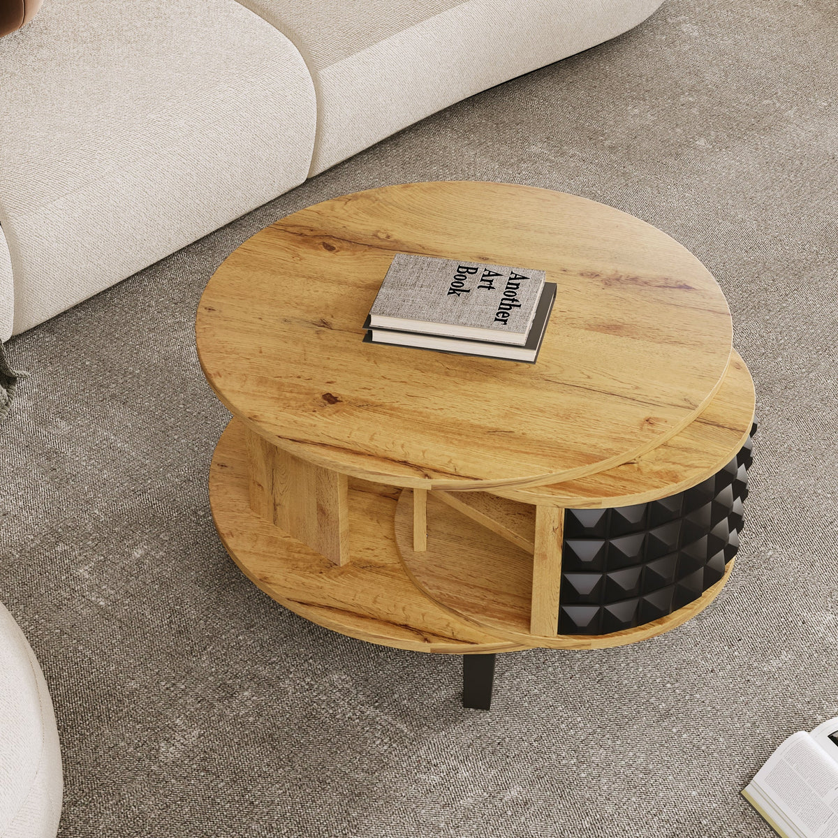 Coffee Table Rotating Side Table with Hidden Storage