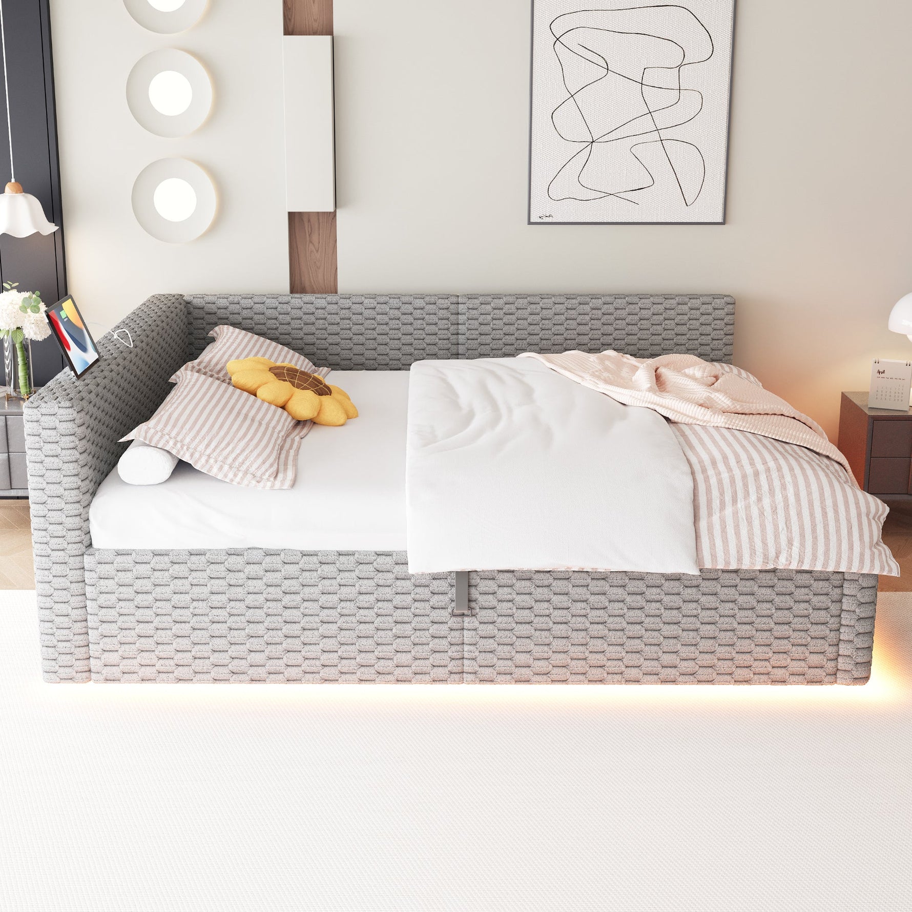 Upholstered Bed with LED, USB-C/USB and Hydraulic Storage, 140x200cm, Grey Velvet