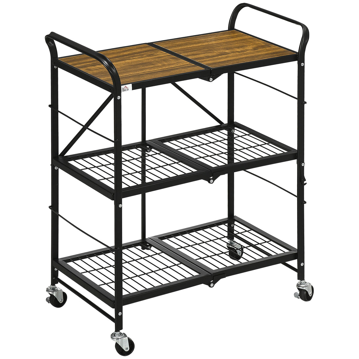 Folding Kitchen Cart, 3 Levels & Handle, Steel, Brown+Black