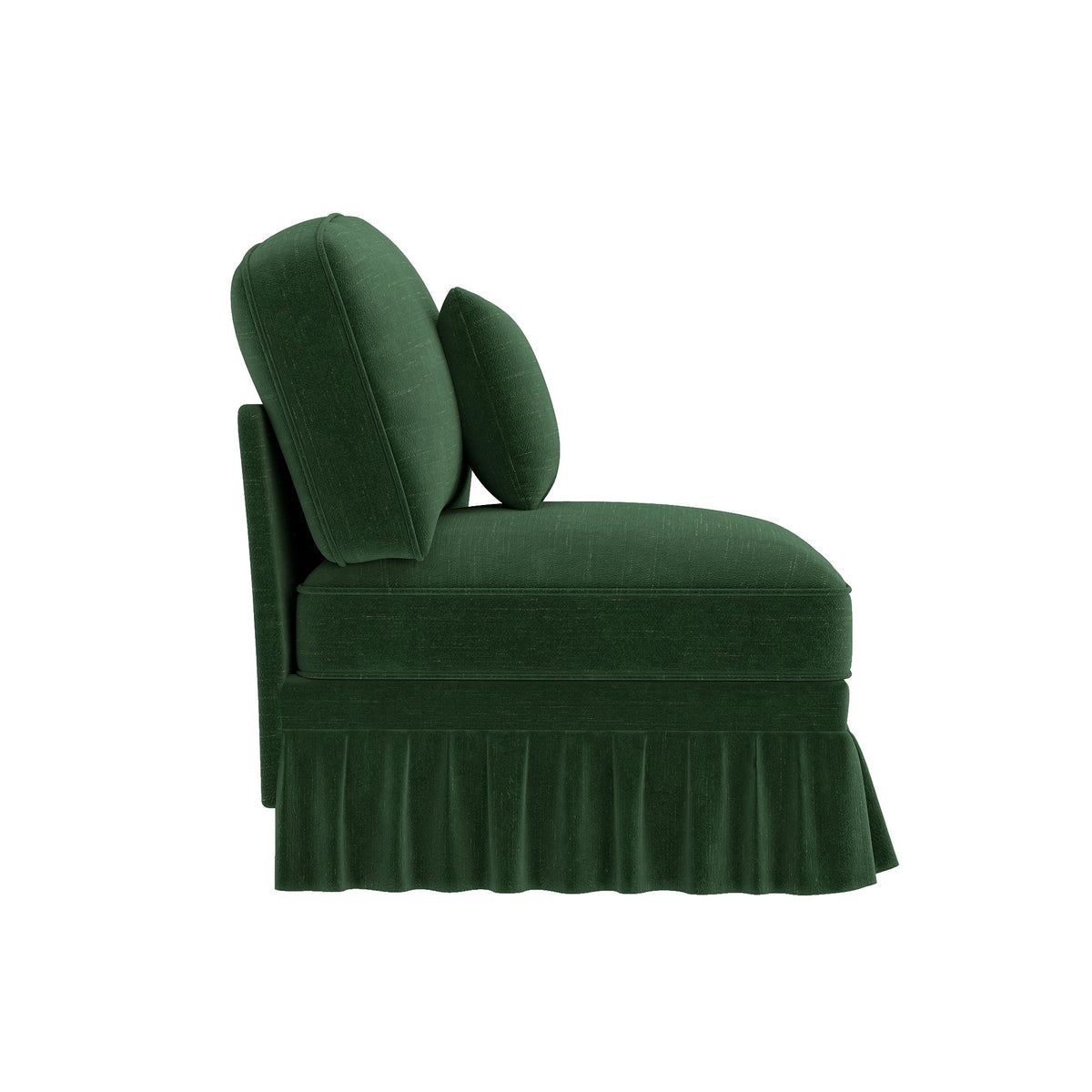 Windsor Armless Sofa with Removable Ruffle Skirt and Cushion, Green Chenille