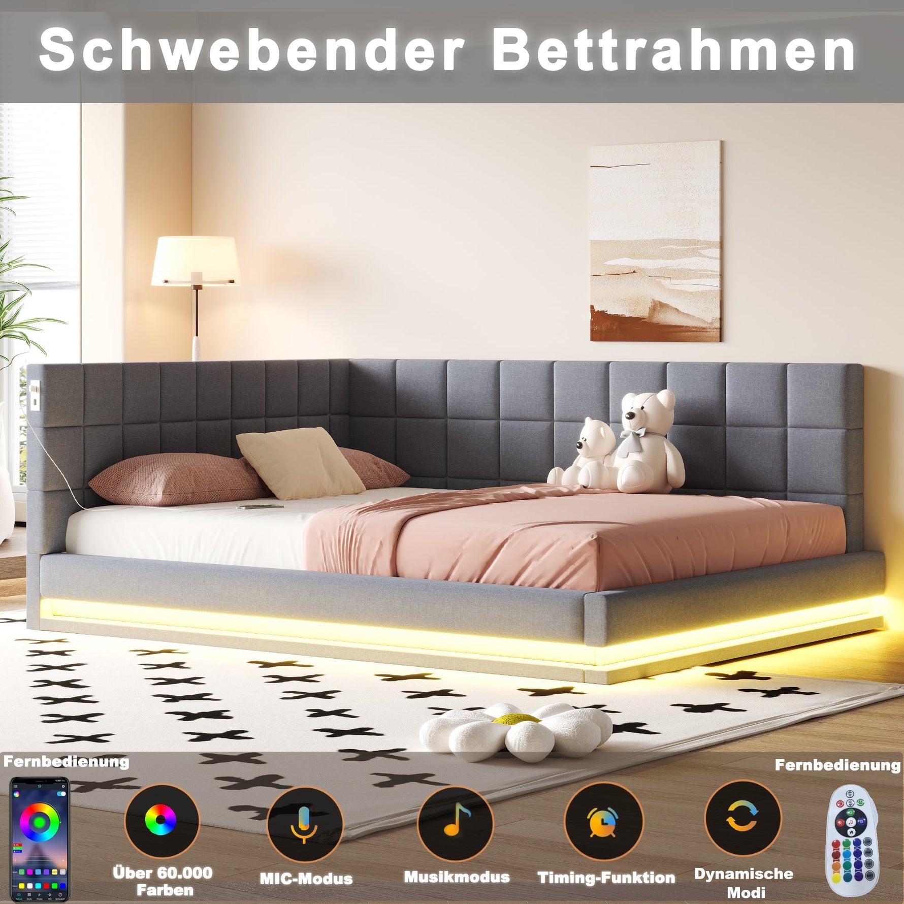 Upholstered Sofa Bed 160*200 Multifunctional with LED & USB, Grey Linen
