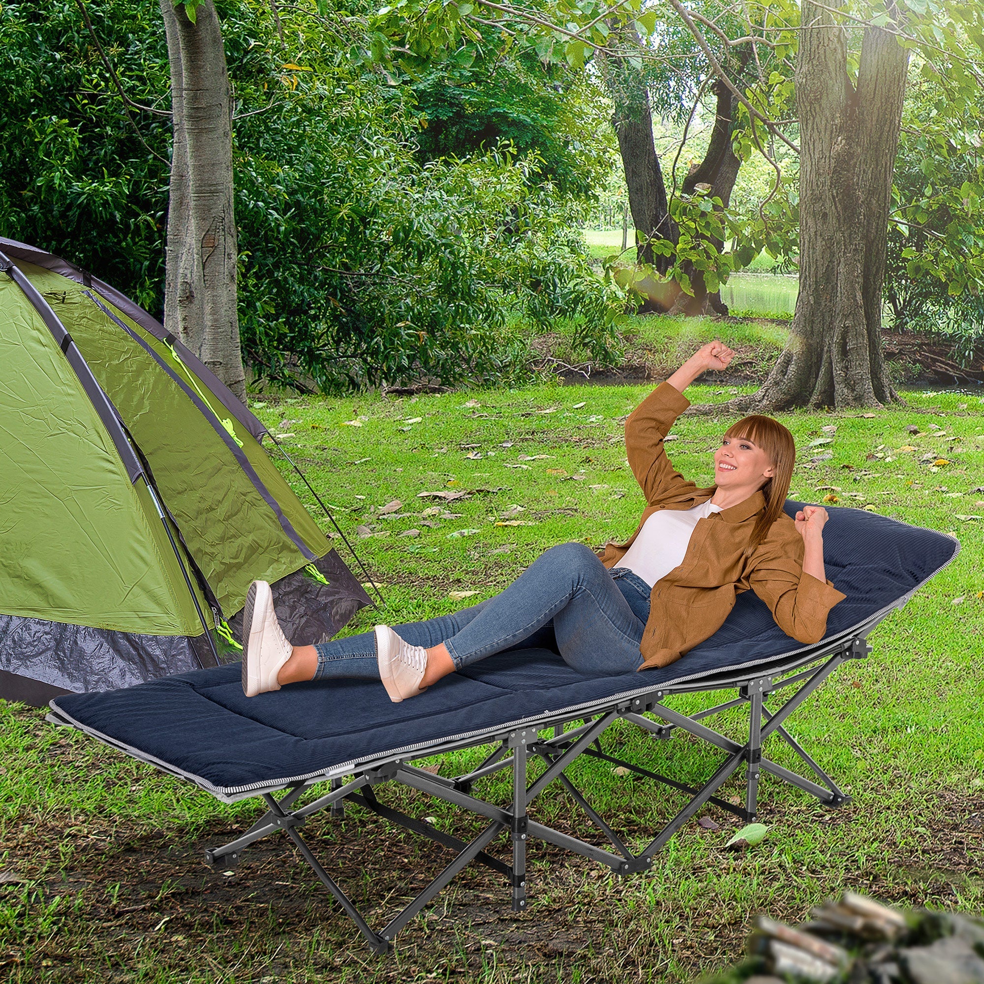 Folding Camping Bed, Portable Guest Bed with Pillow & Side Pocket 150kg, Oxford Dark Blue/Grey
