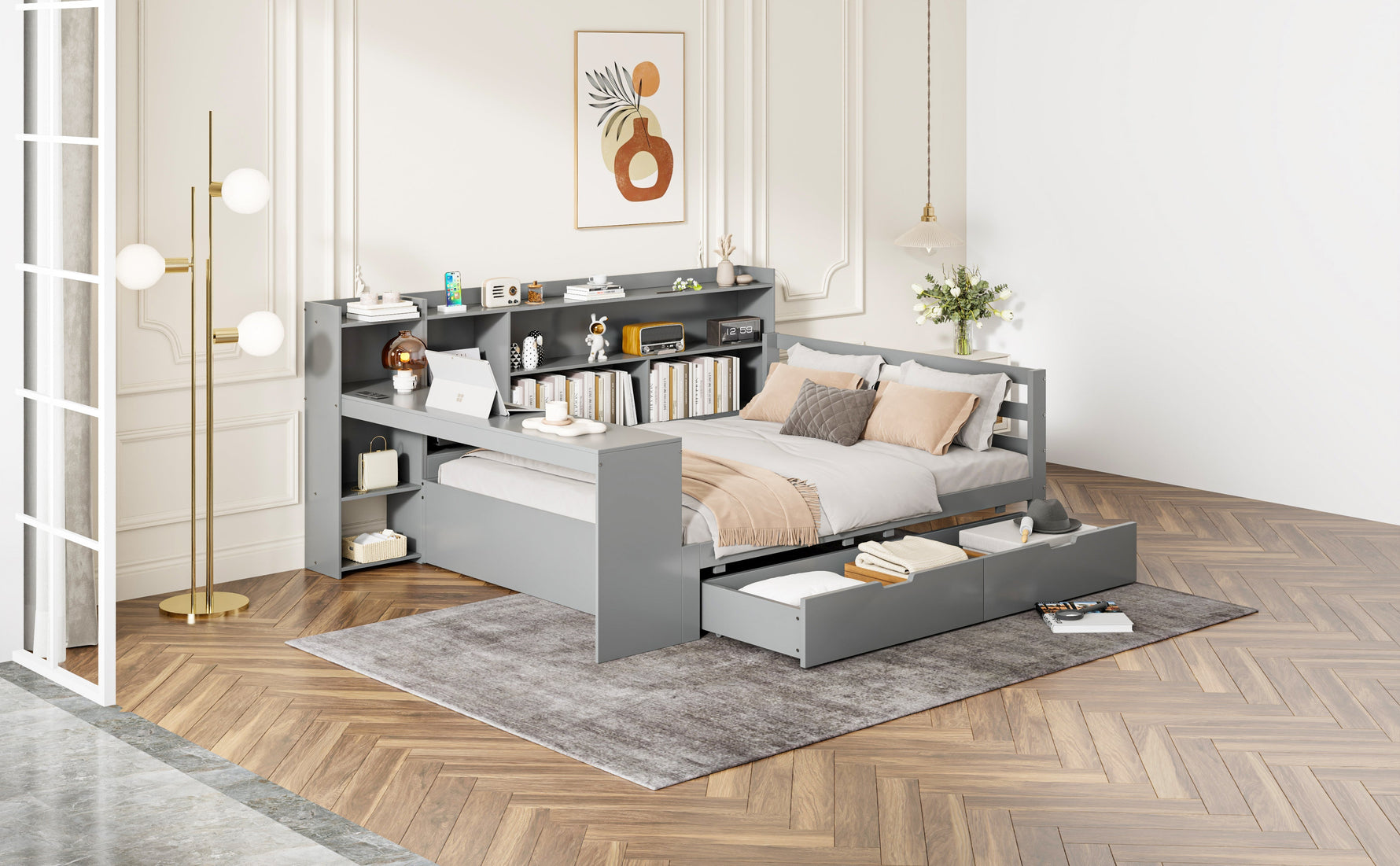 Sofa Bed, Multifunctional 140x200cm with Desk Storage & Power Outlet, Solid Wood Grey