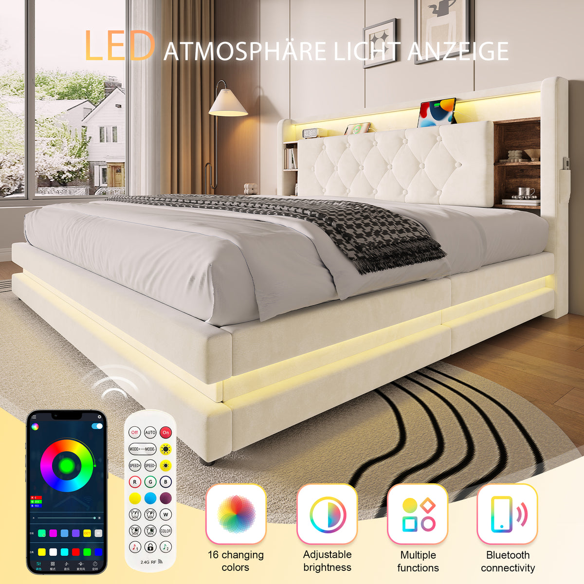 Upholstered Storage Bed 160x200cm with LED & USB, Beige Velvet