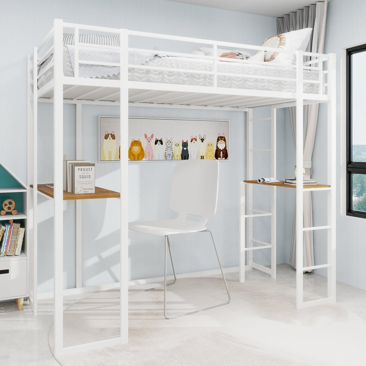 Children's Loft Bed L-Shaped Desk Railing Versatile Stairs Iron Frame