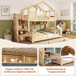 Children's Bunk House Bed 90x200/140x200 with Storage, Natural Wood