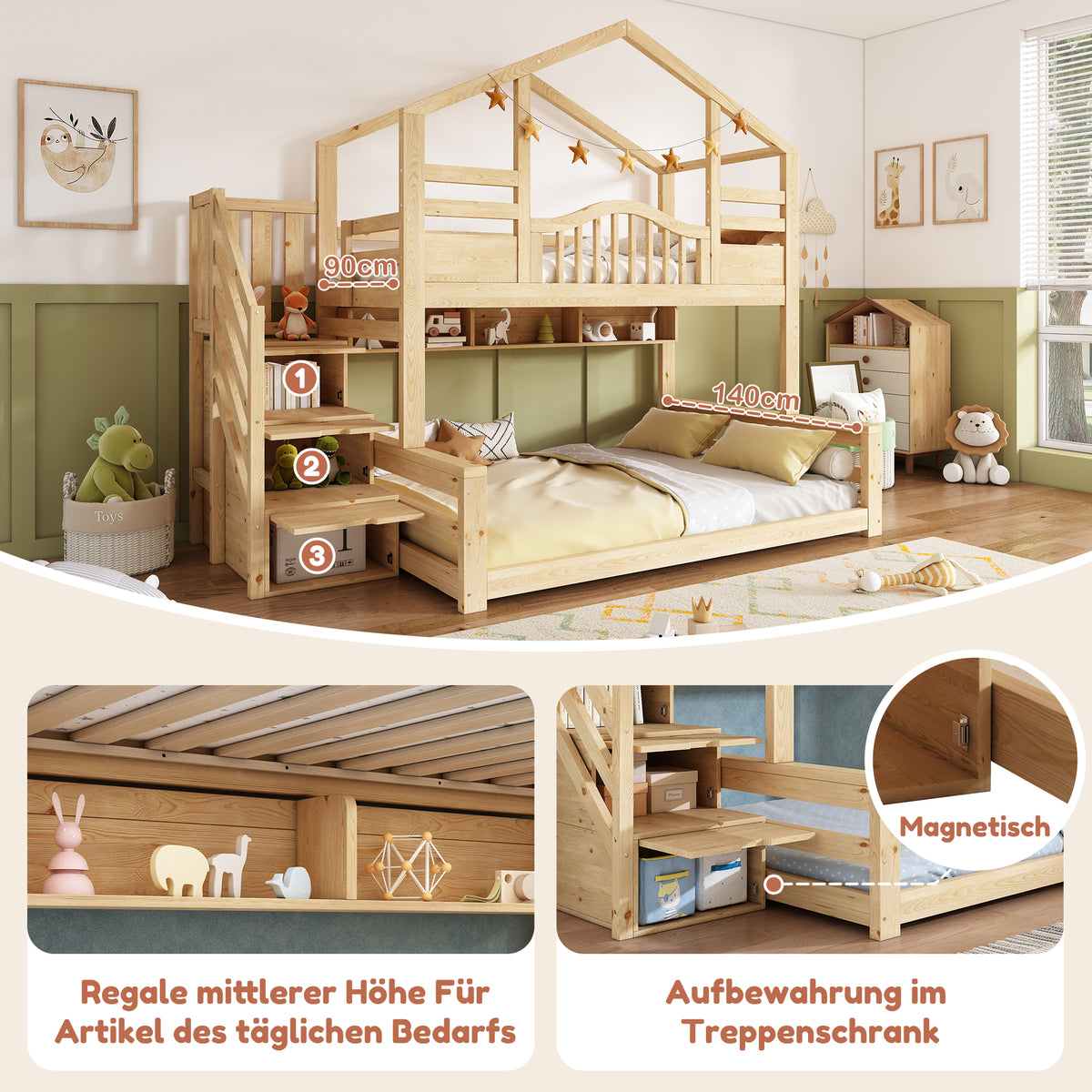 Children's Bunk House Bed 90x200/140x200 with Storage, Natural Wood