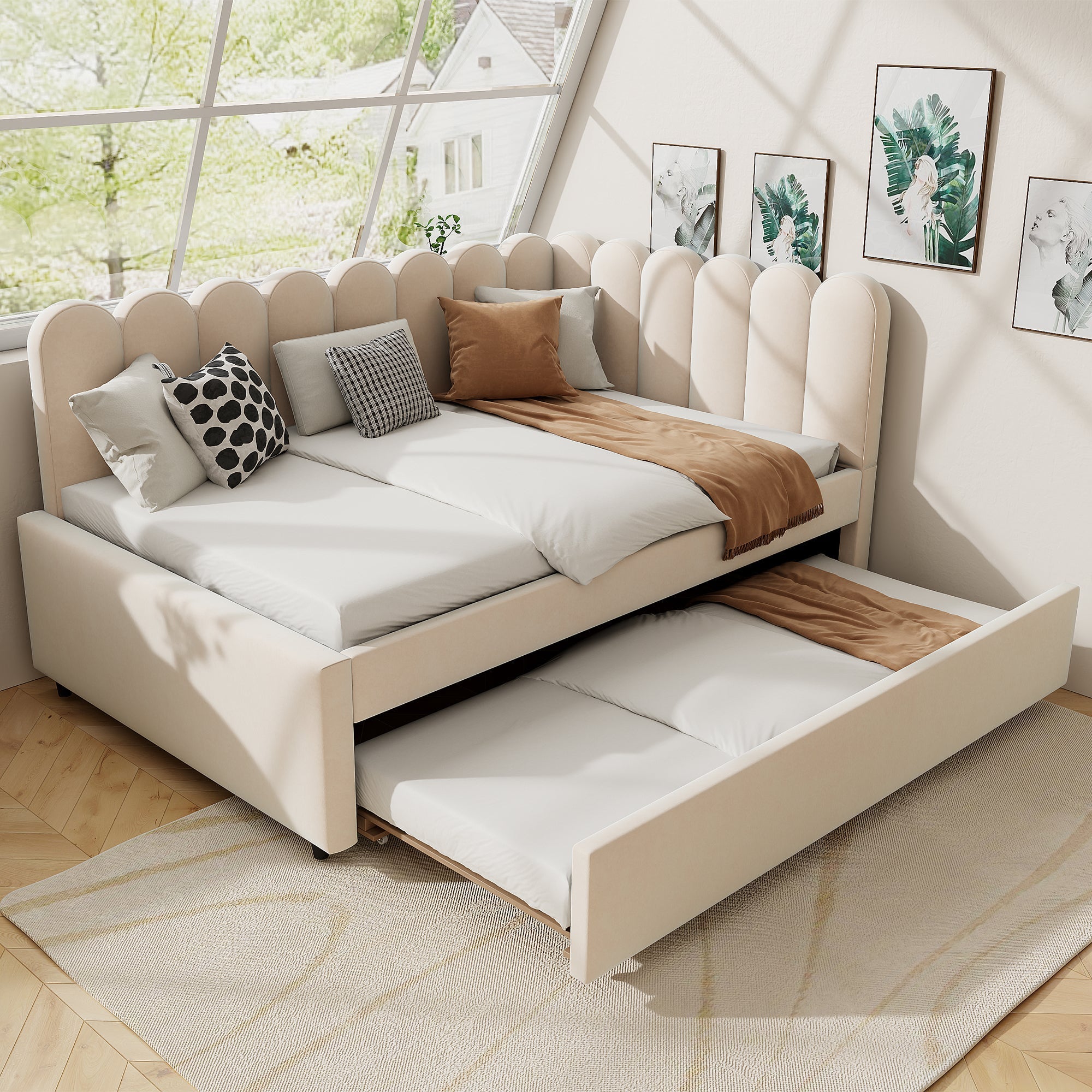 L-shaped Upholstered Bed, Sofa Bed 140x200 cm, Floral Backrest, Pull-Out Bed, Beige Velvet