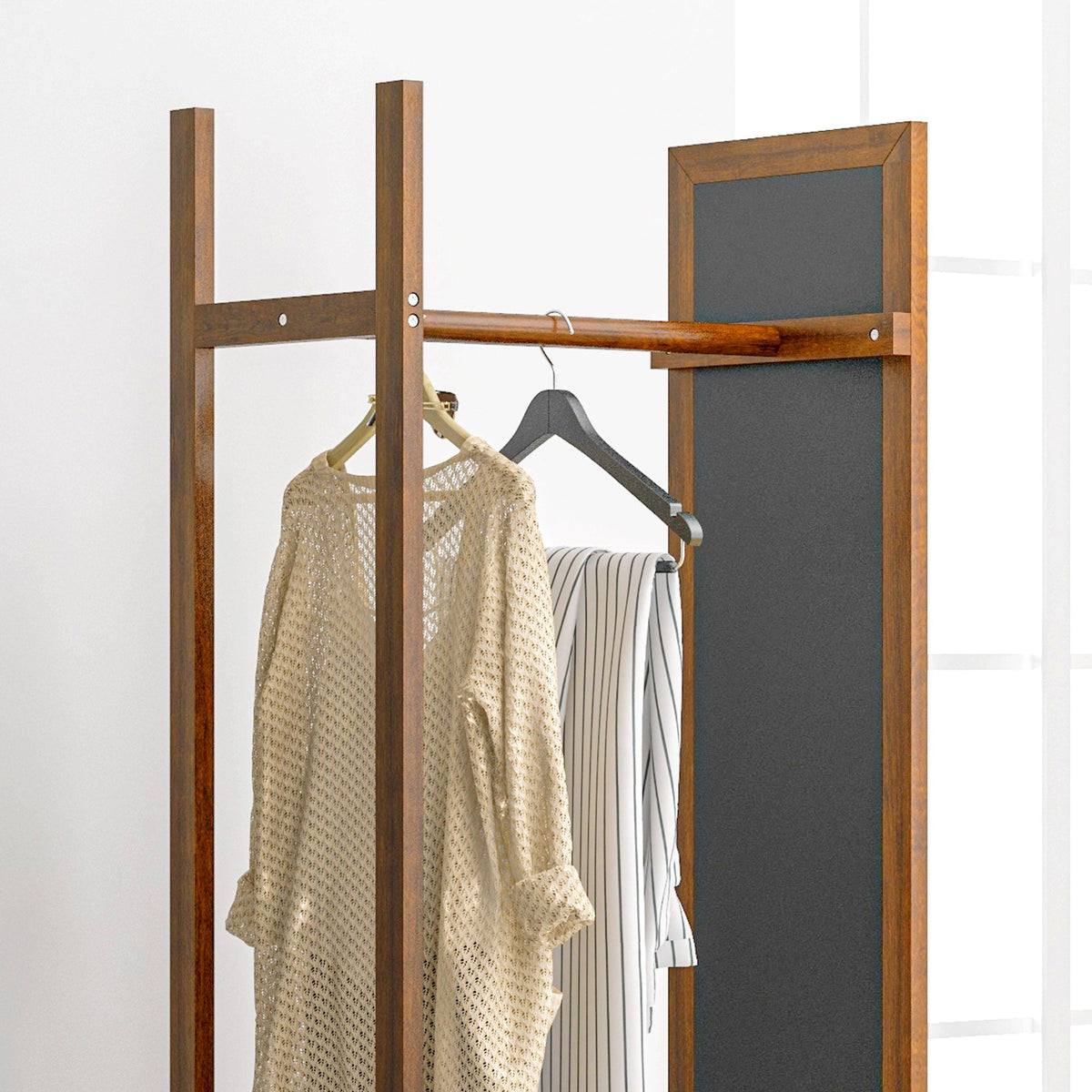 Standing Mirror with Wheels, 3 Levels Clothes Rail, Walnut