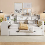 Solid Wood Sofa Bed with Desk, Bookshelf, Storage, Power Outlet - White