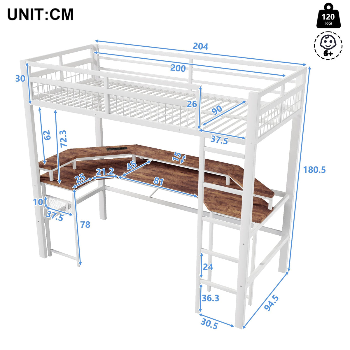 Loft Bed with Desk and LED Lights, USB Ports and Pegboard, White Iron Frame
