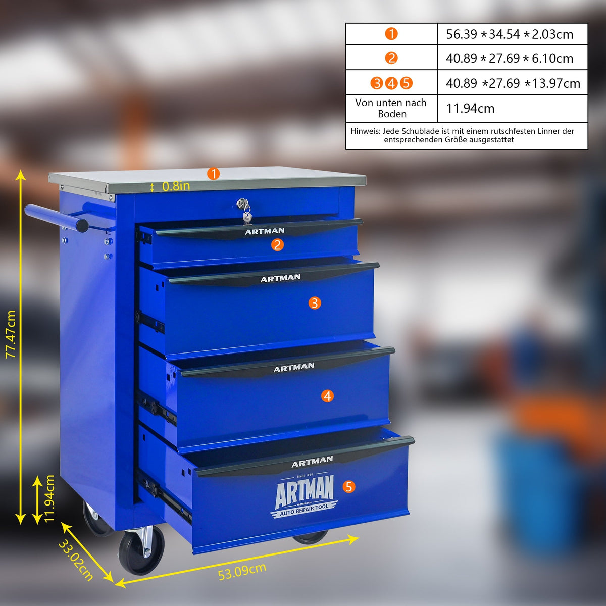 4-Drawer Tool Trolley, Multifunctional Rolling Storage, Metal, Black & Blue