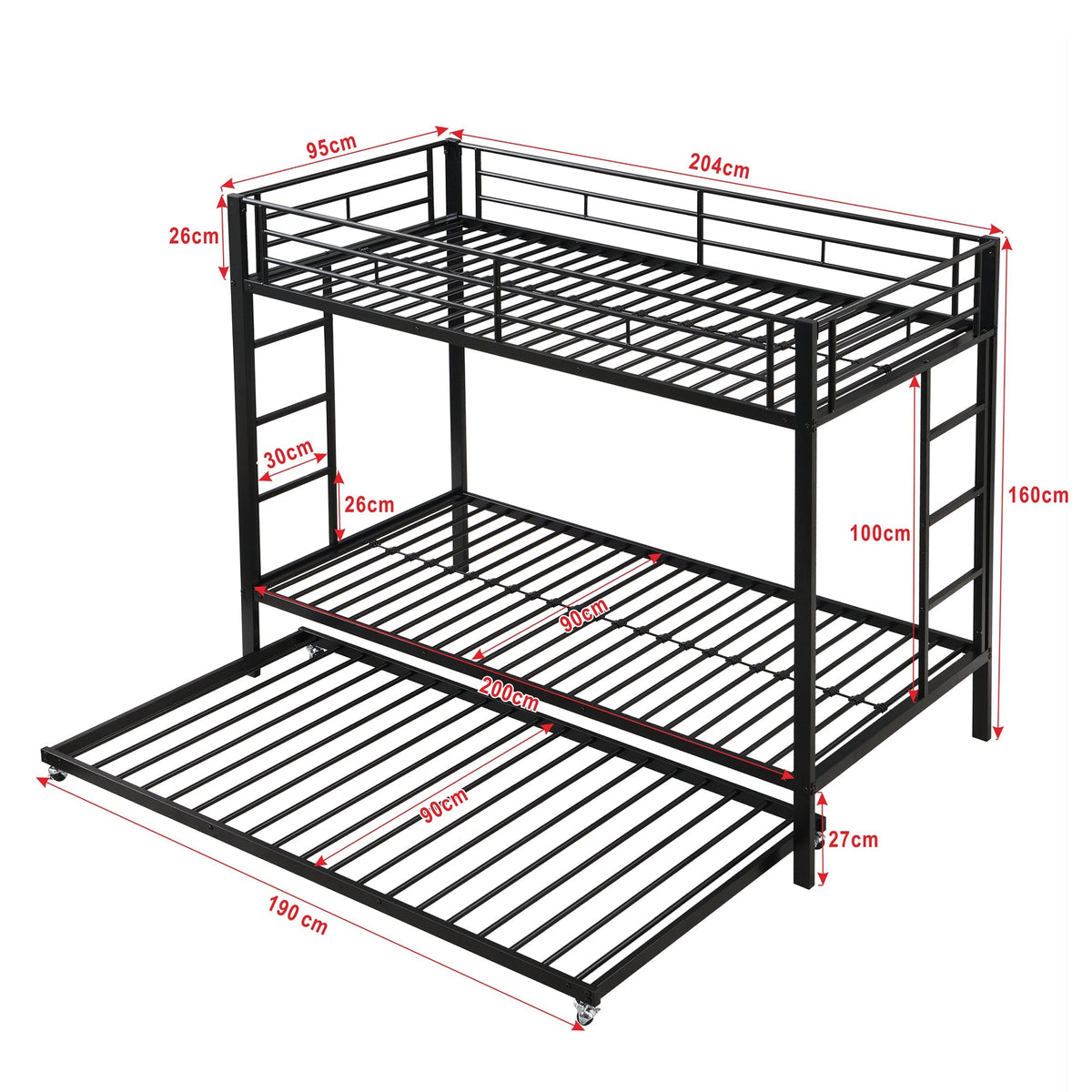 Bunk Bed 90x200cm with Pull-Out Bed Safety Railings EN747 Certified - Black Iron Frame