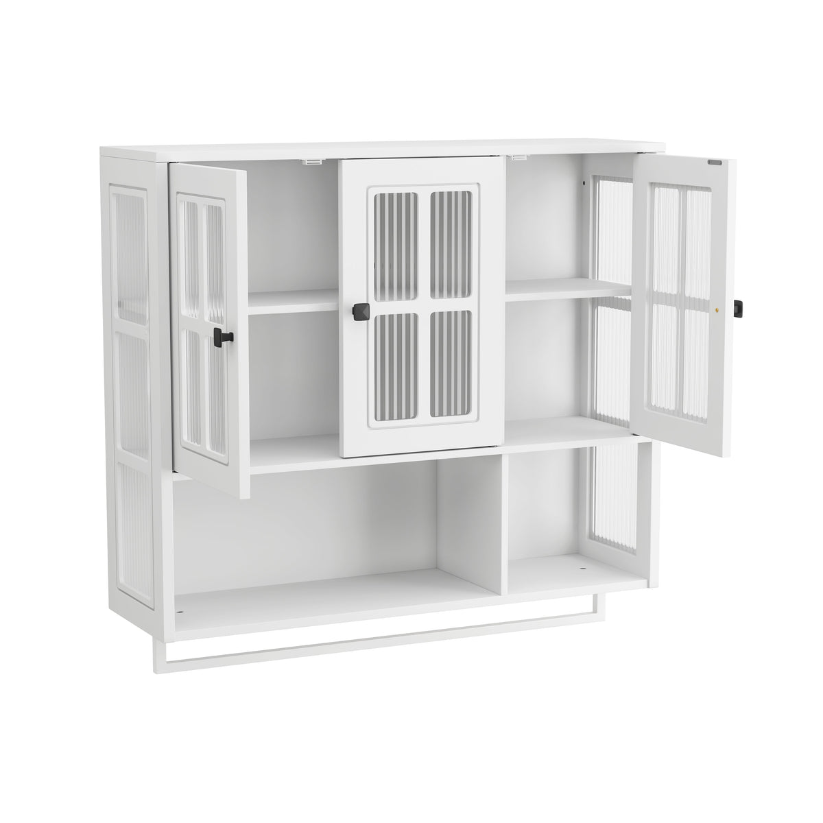 Bathroom Wall Cabinet, 3-Door Wooden with Open/Hidden Storage & Towel Bar, White