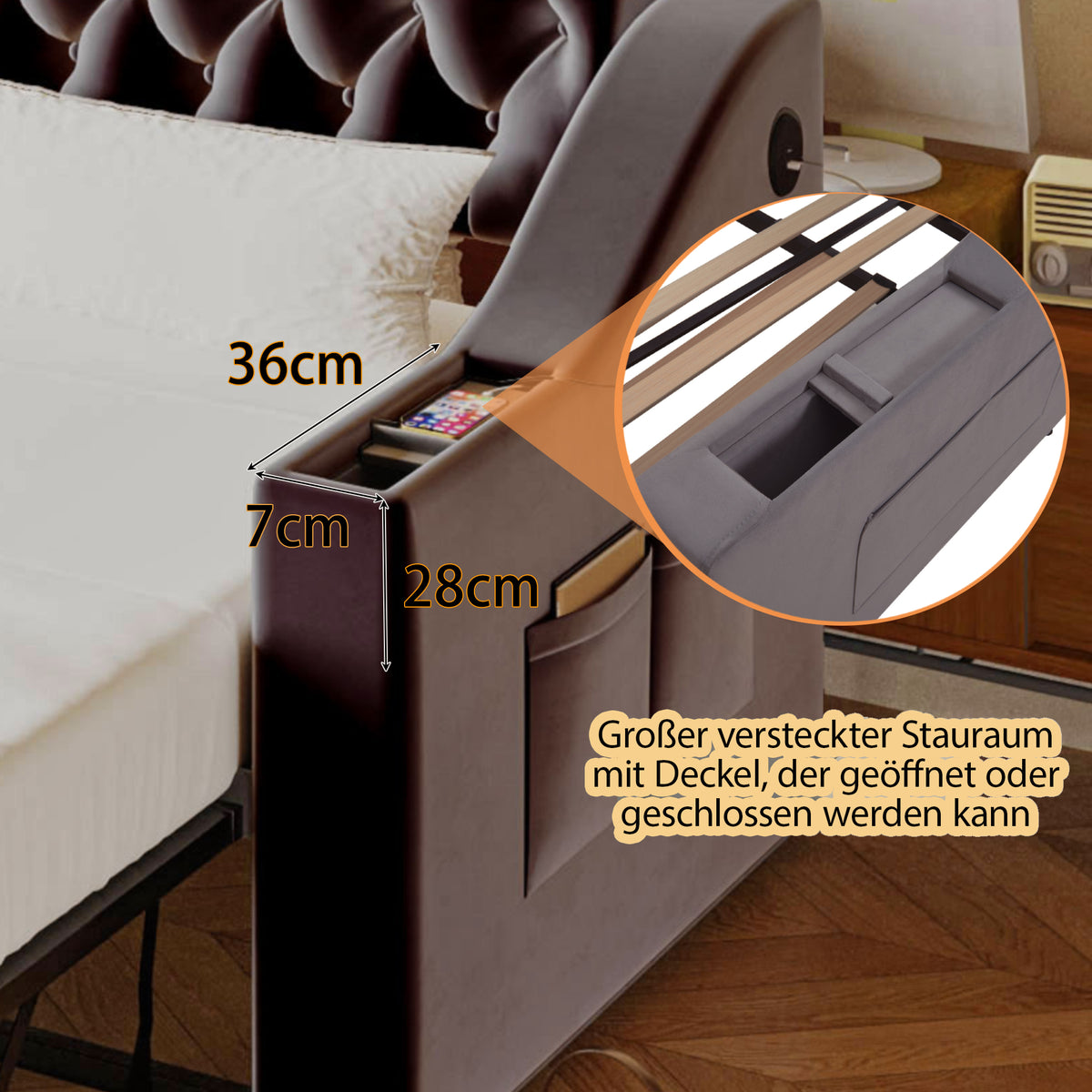 Upholstered Sofa Bed with USB & Storage, Dark Grey Velvet
