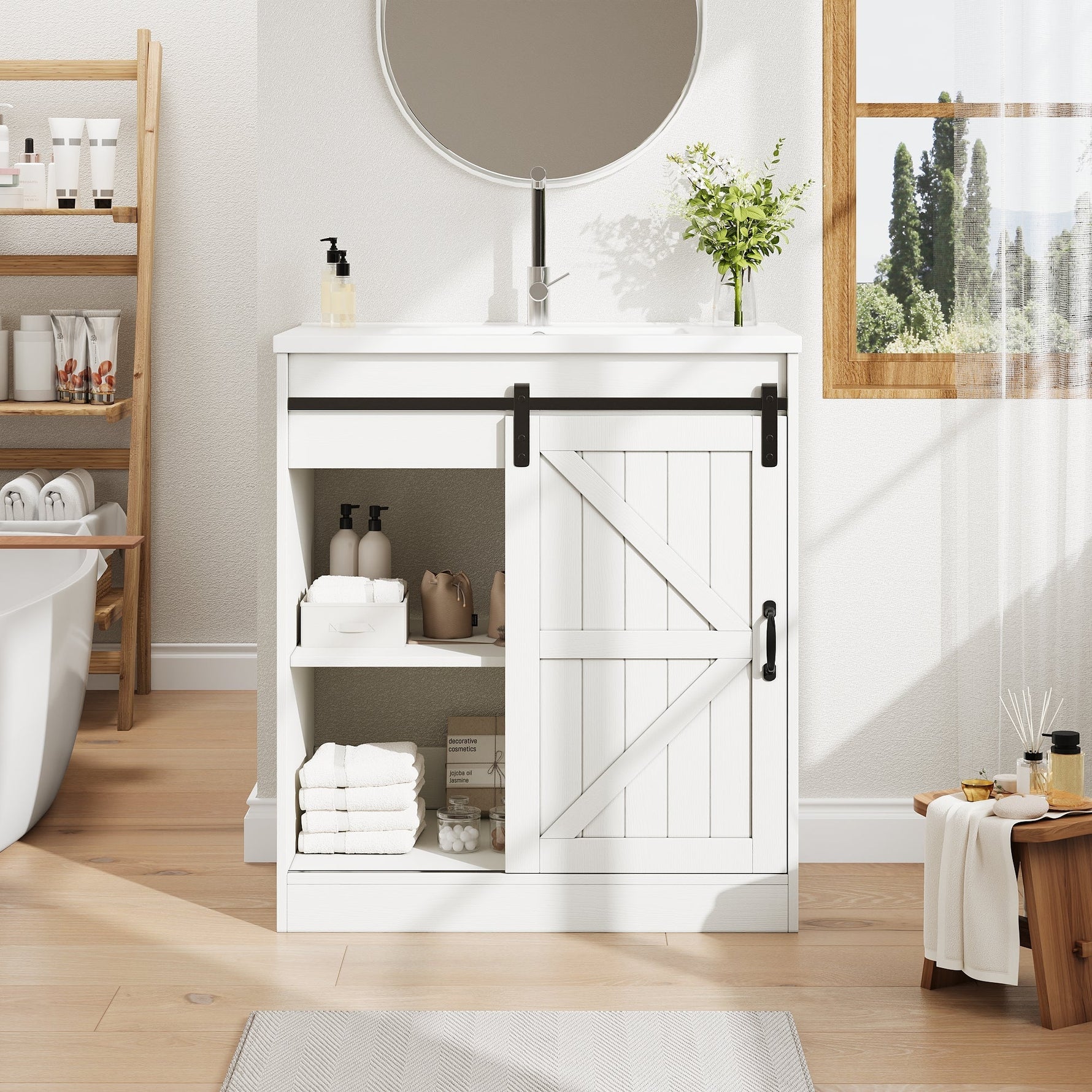 Bathroom Vanity Unit with Ceramic Sink and Barn Door Storage, White